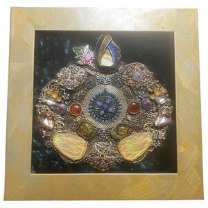 Handmade Framed Jewelry Art Mosaic Apple 10x10 Gold Green Velvet Mixed